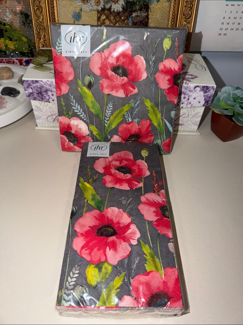 ihr Gray Red Green Field Poppy Matching Square & Rectangular Lunch Napkins